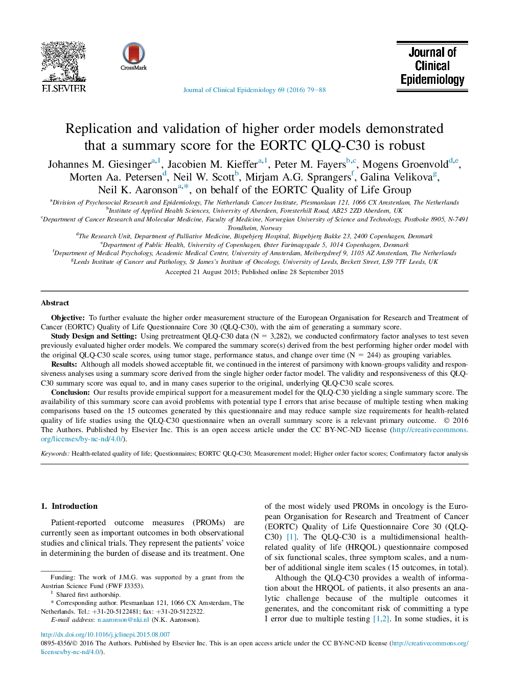 Replication and validation of higher order models demonstrated that a summary score for the EORTC QLQ-C30 is robust