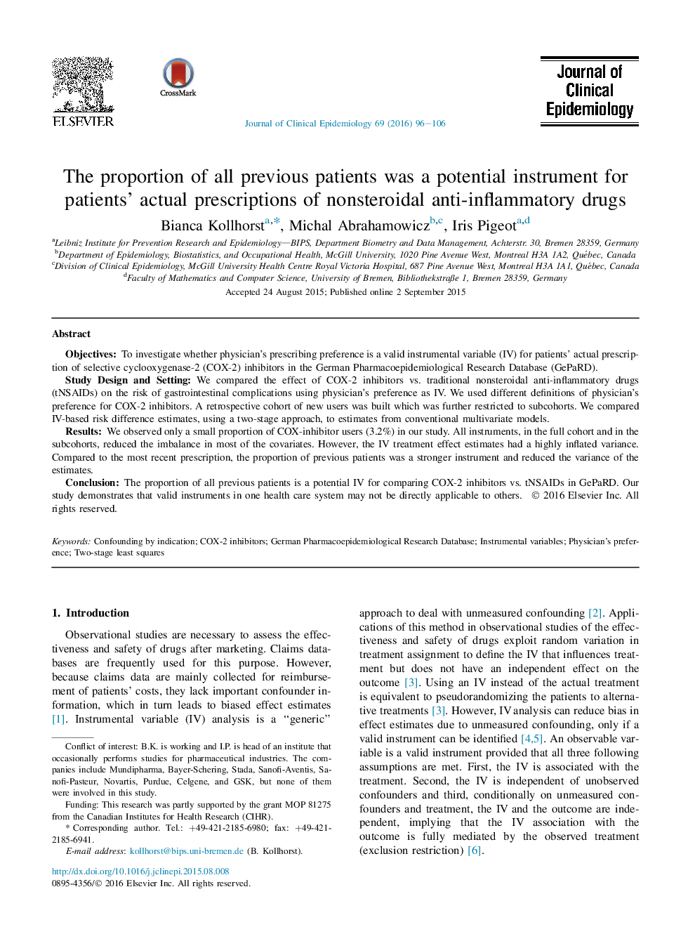 The proportion of all previous patients was a potential instrument for patients' actual prescriptions of nonsteroidal anti-inflammatory drugs