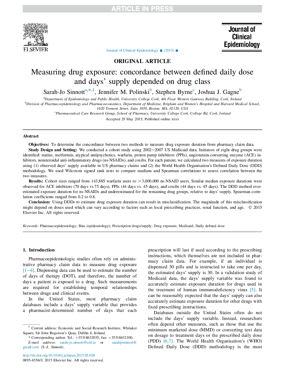 Measuring drug exposure: concordance between defined daily dose andÂ days' supply depended on drug class