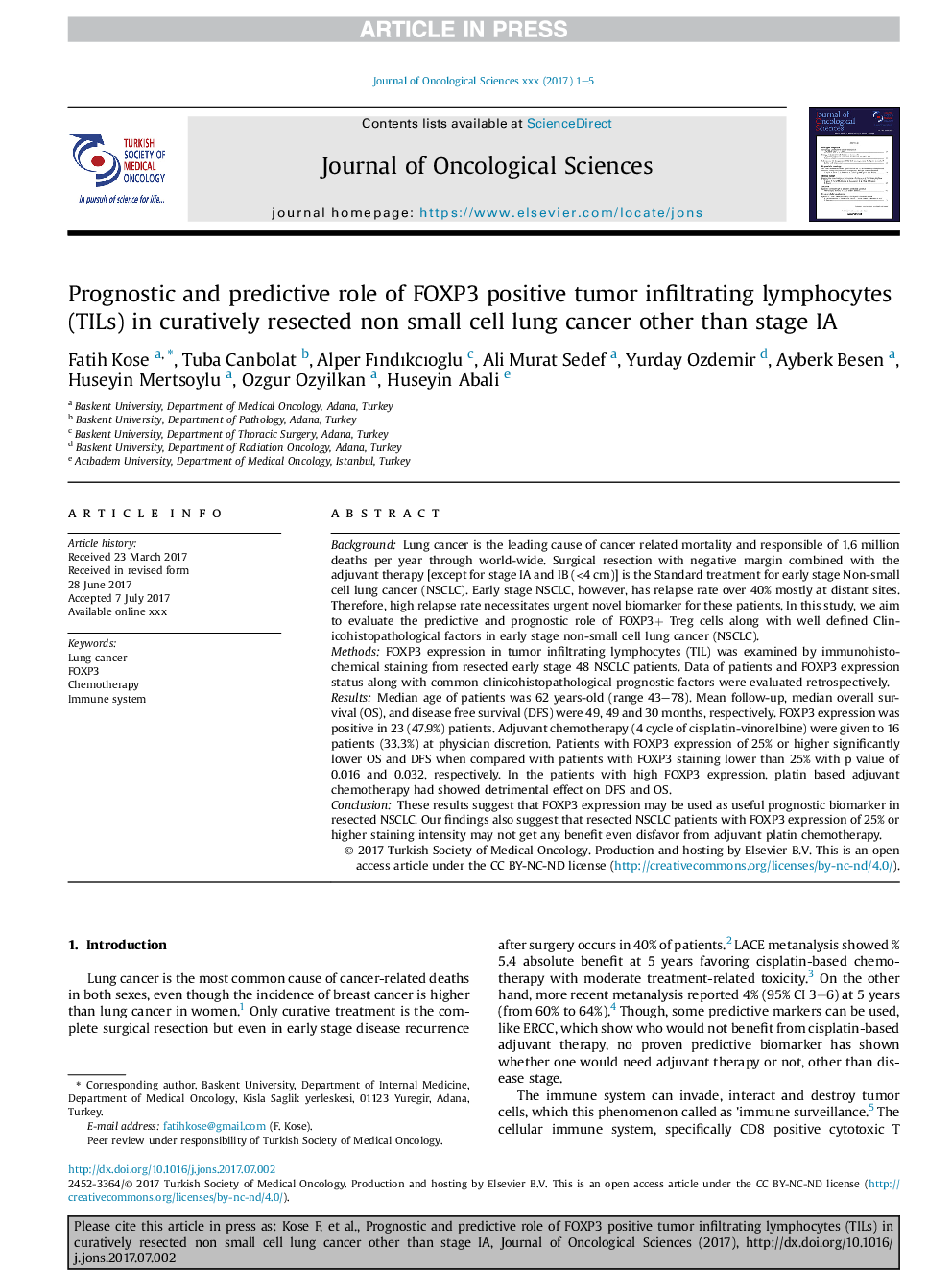 Prognostic and predictive role of FOXP3 positive tumor infiltrating lymphocytes (TILs) in curatively resected non small cell lung cancer other than stage IA