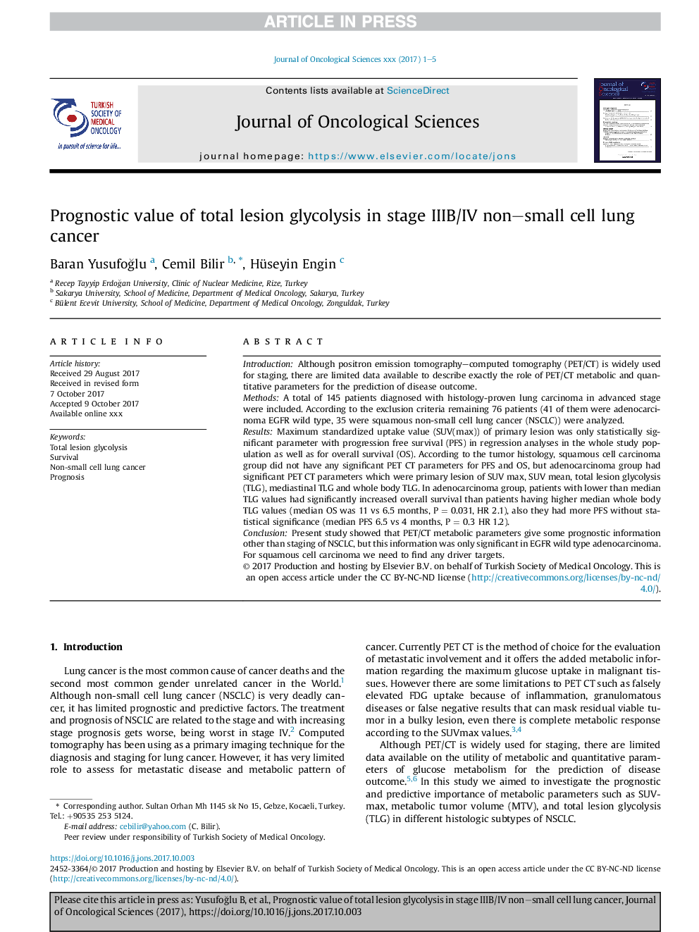 Prognostic value of total lesion glycolysis in stage IIIB/IV non-small cell lung cancer