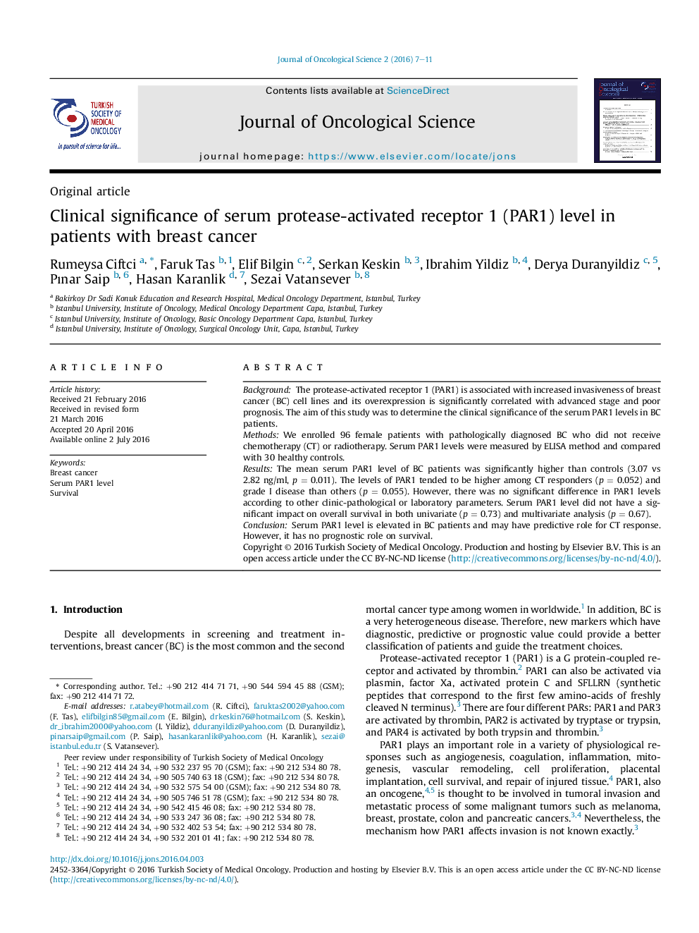 عکس صفحه اول مقاله: Clinical significance of serum protease-activated receptor 1 (PAR1) level in patients with breast cancer Clinical significance of serum protease-activated receptor 1 (PAR1) level in patients with breast cancer