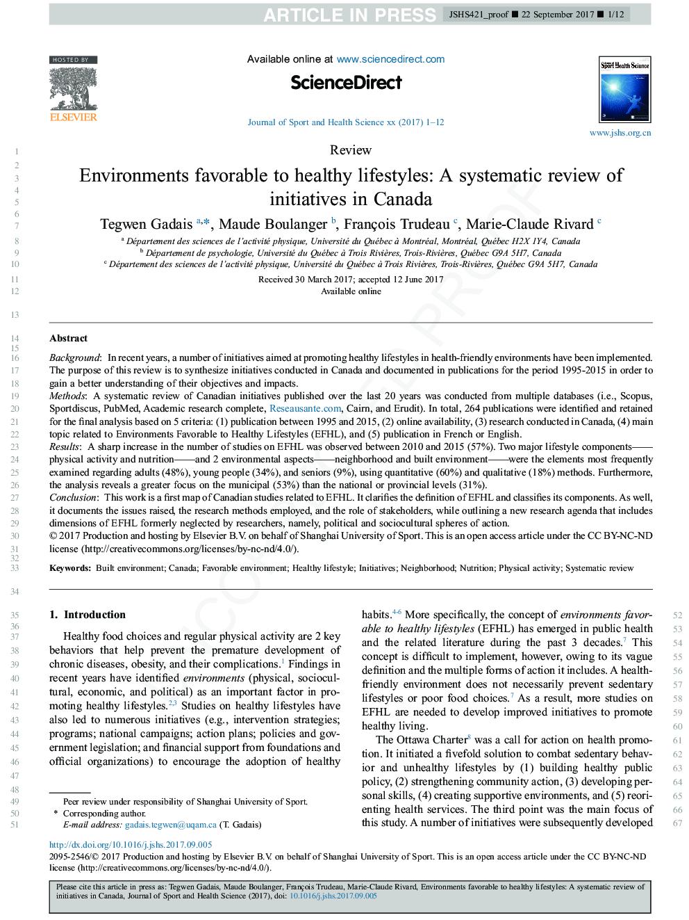 Environments favorable to healthy lifestyles: A systematic review of initiatives in Canada