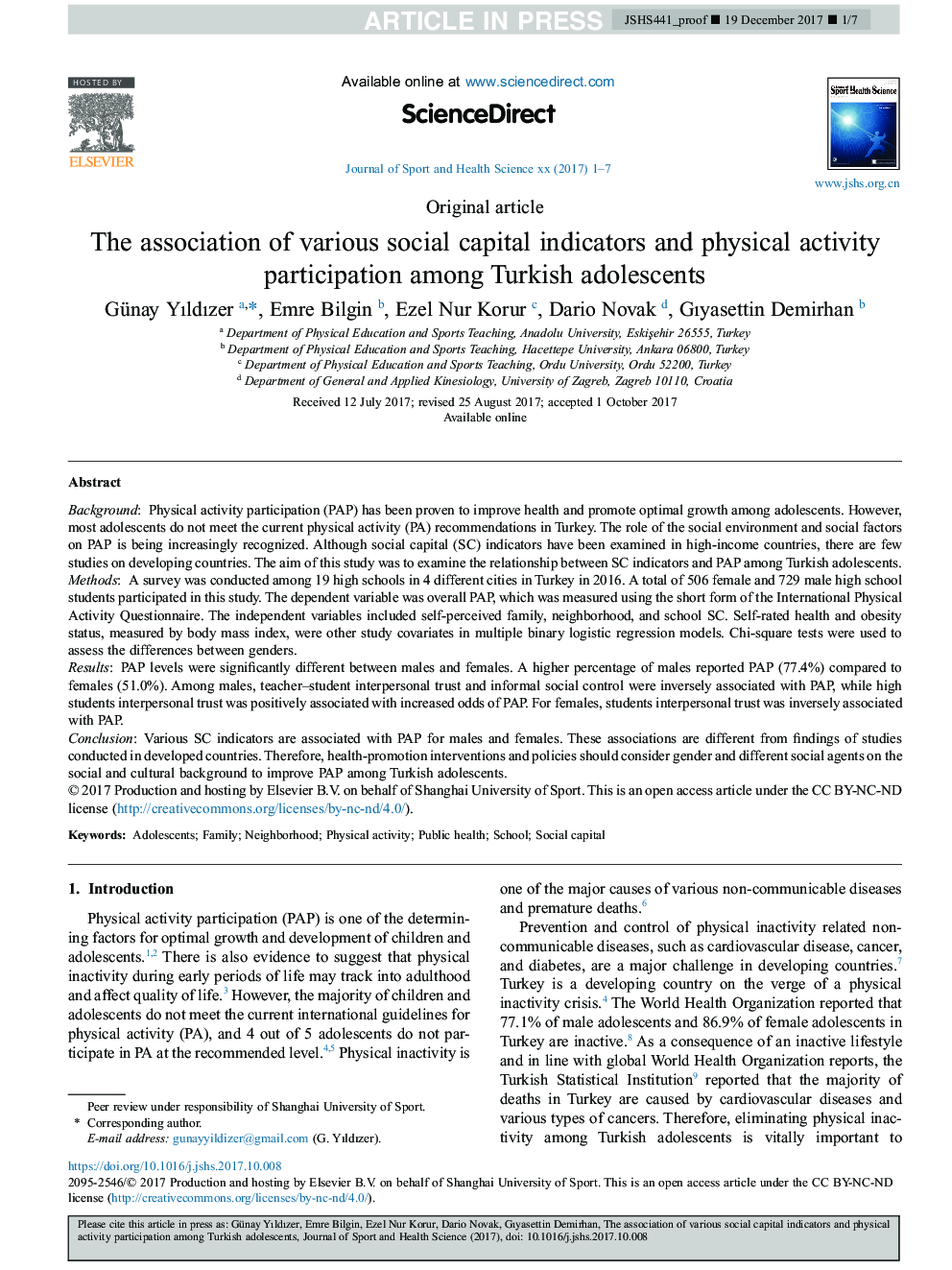 The association of various social capital indicators and physical activity participation among Turkish adolescents