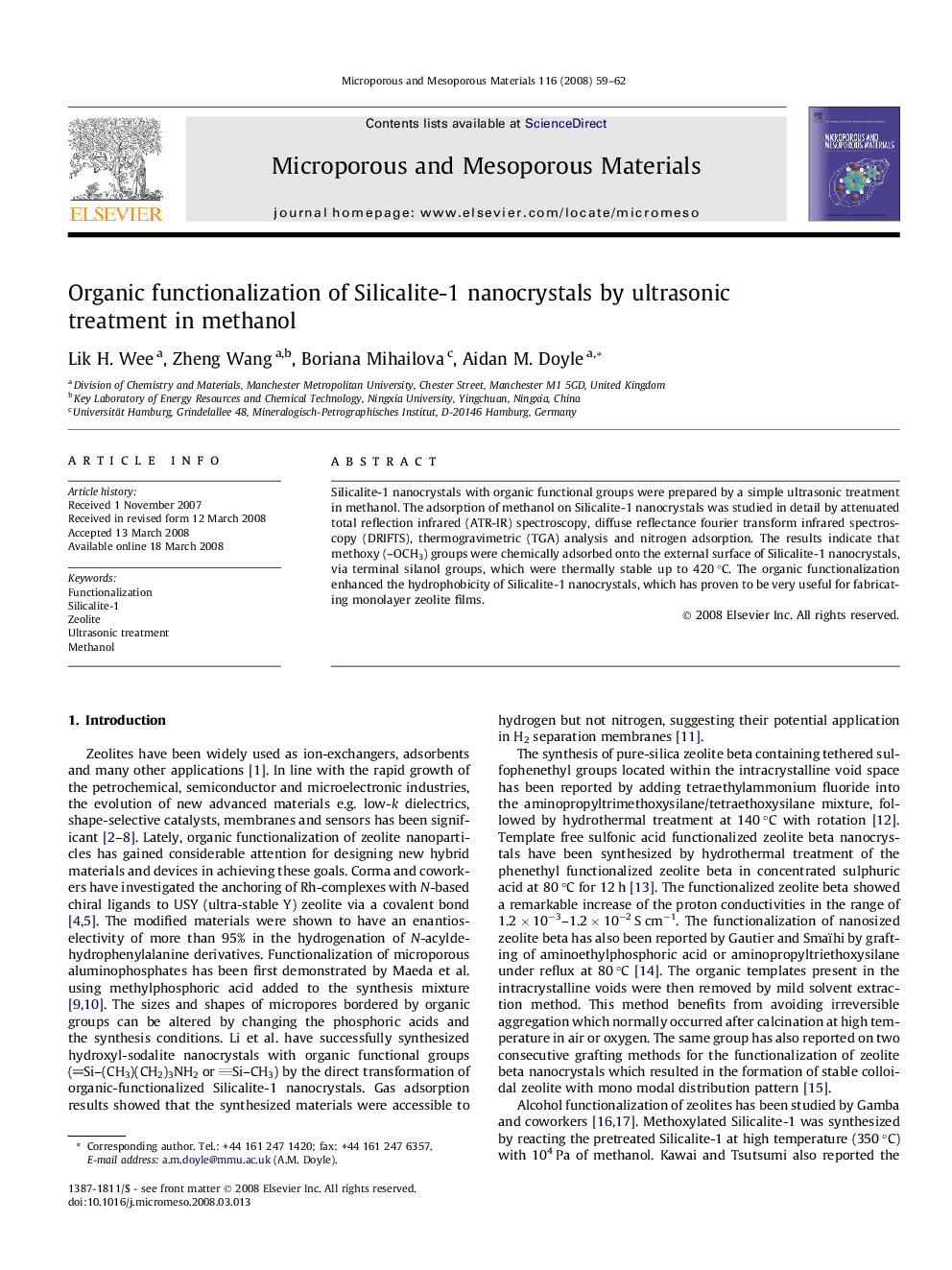 Organic functionalization of Silicalite-1 nanocrystals by ultrasonic treatment in methanol