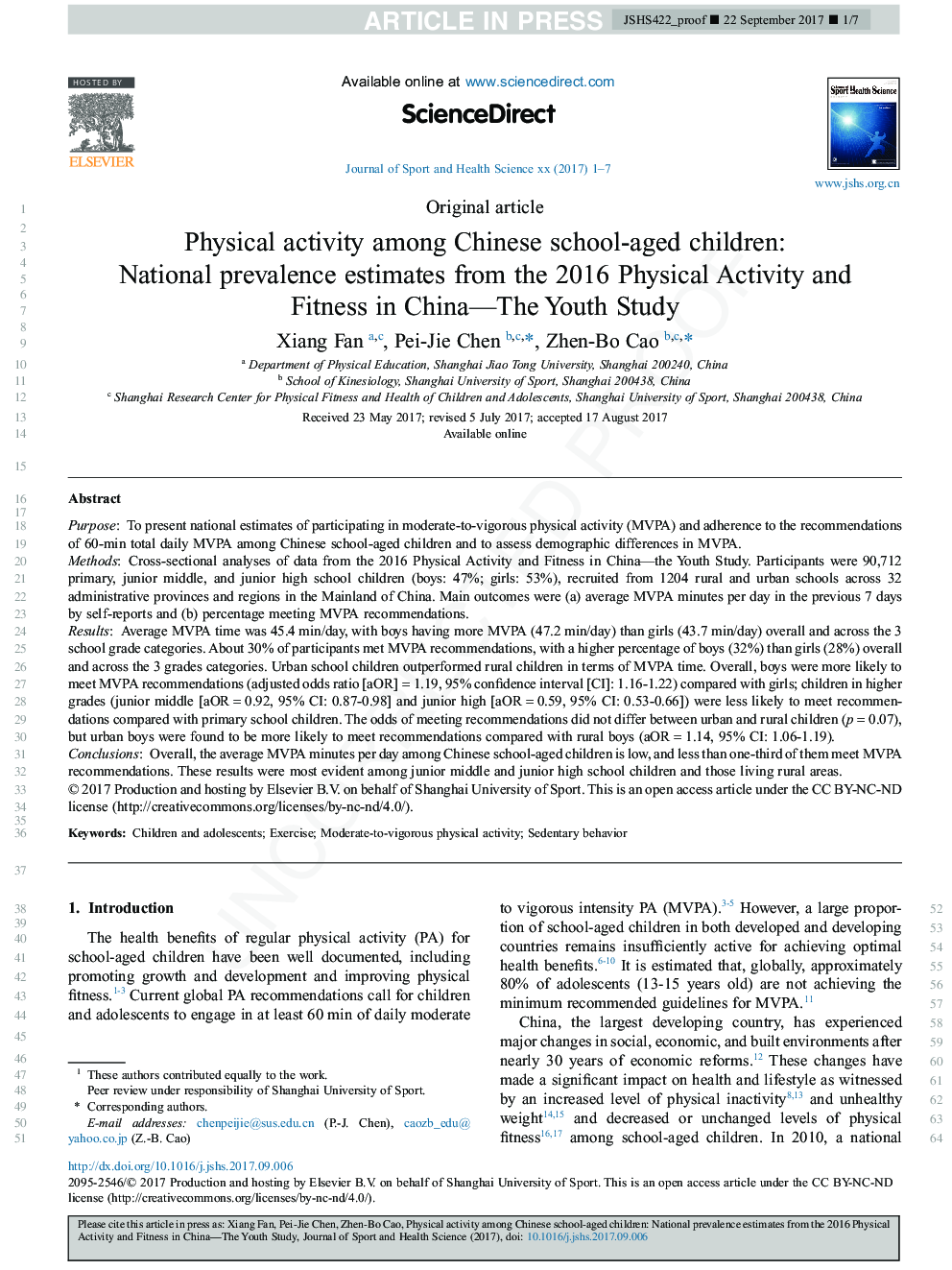 Physical activity among Chinese school-aged children: National prevalence estimates from the 2016 Physical Activity and Fitness in China-The Youth Study