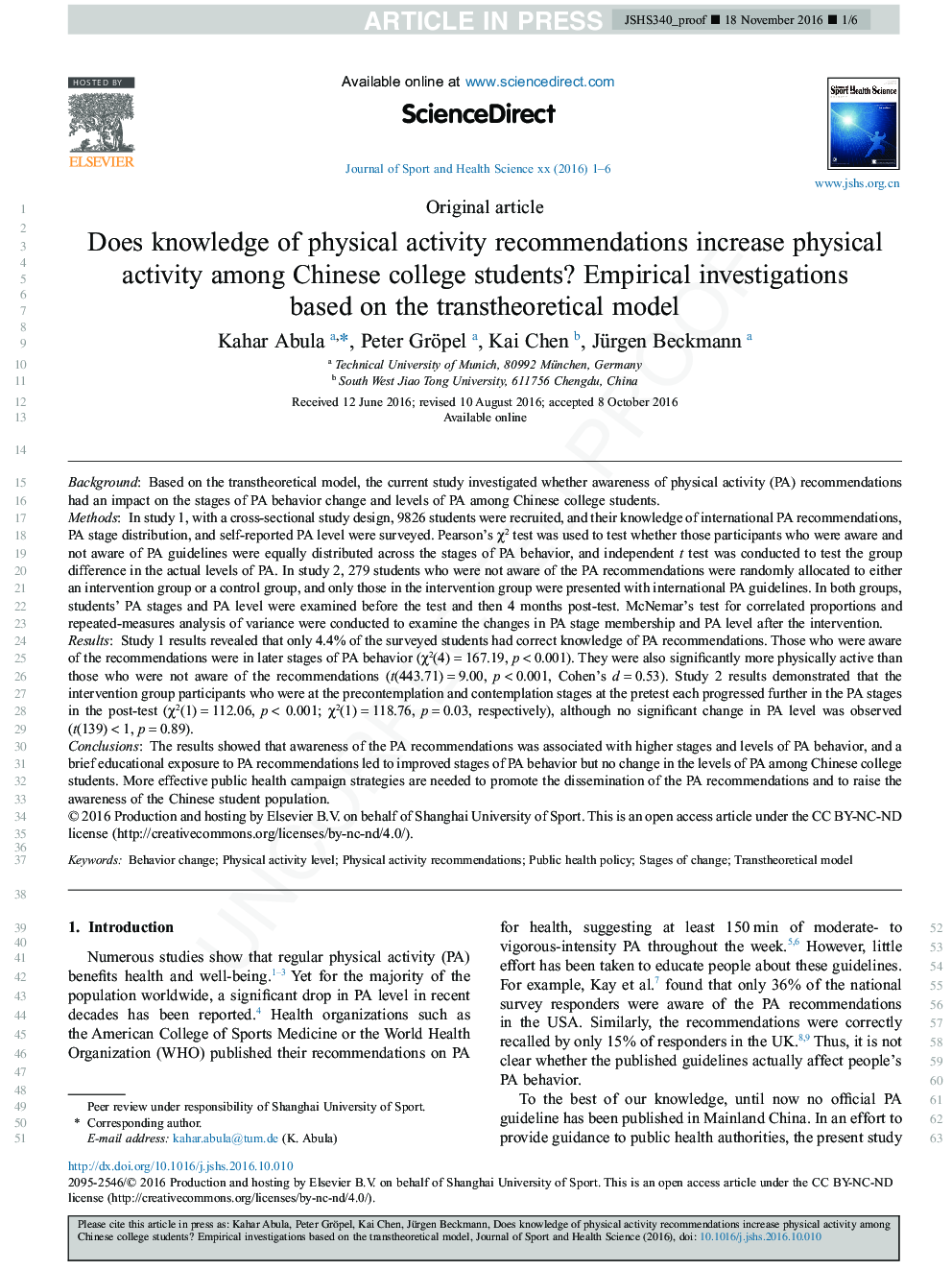 Does knowledge of physical activity recommendations increase physical activity among Chinese college students? Empirical investigations based on the transtheoretical model