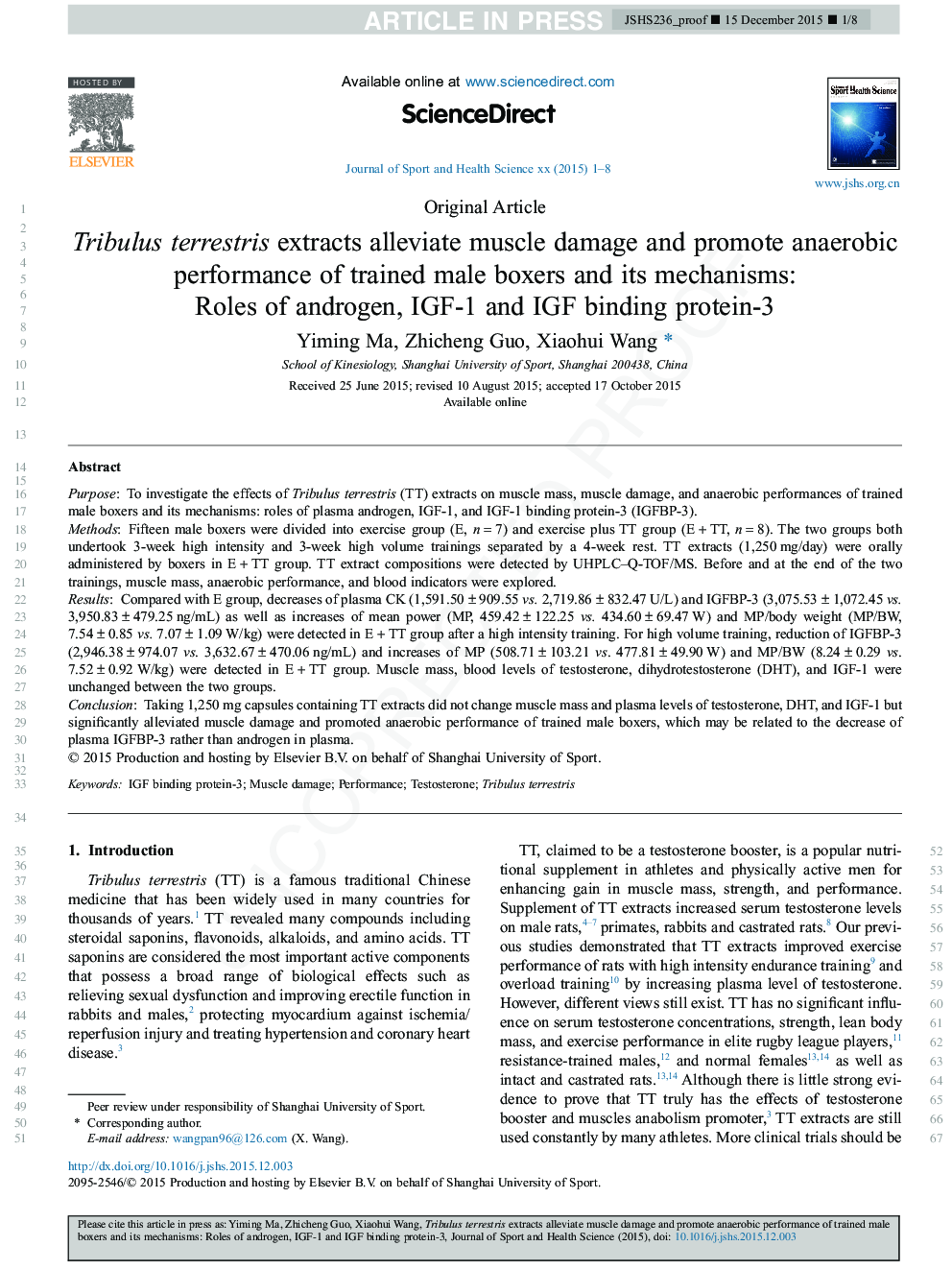 Tribulus terrestris extracts alleviate muscle damage and promote anaerobic performance of trained male boxers and its mechanisms: Roles of androgen, IGF-1, and IGF binding protein-3