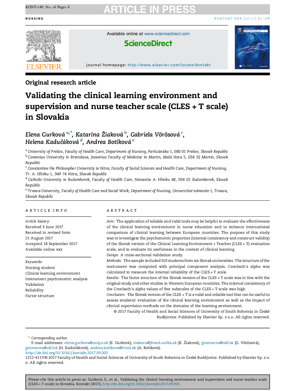 Validating the clinical learning environment and supervision and nurse teacher scale (CLESÂ +Â T scale) in Slovakia