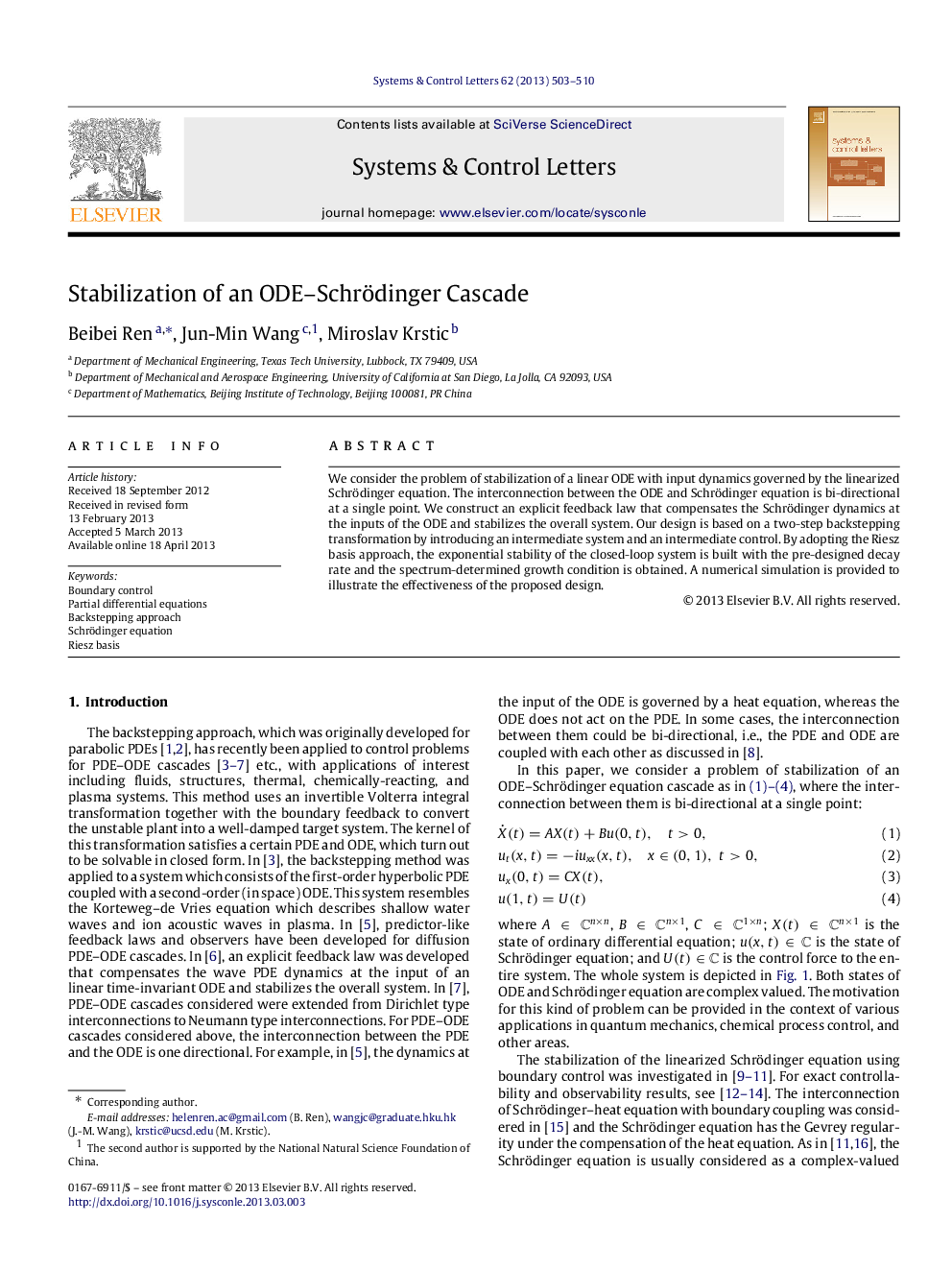 Stabilization of an ODE–Schrödinger Cascade