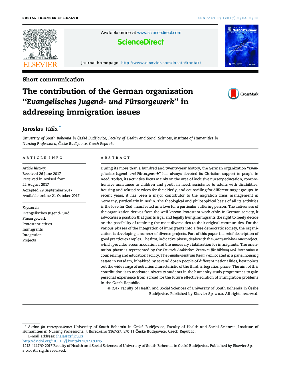 The contribution of the German organization “Evangelisches Jugend- und Fürsorgewerk” in addressing immigration issues