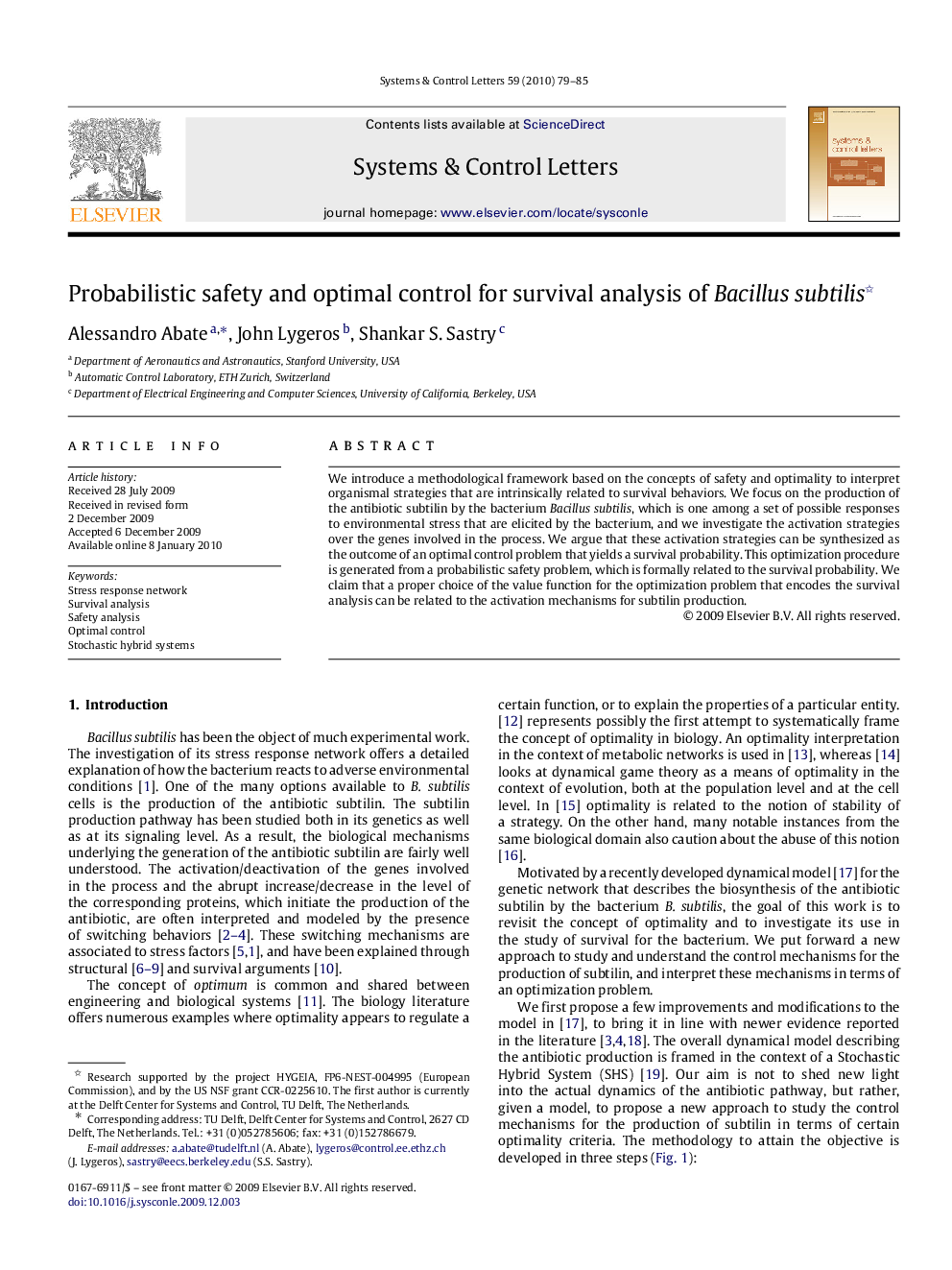 Probabilistic safety and optimal control for survival analysis of Bacillus subtilis 