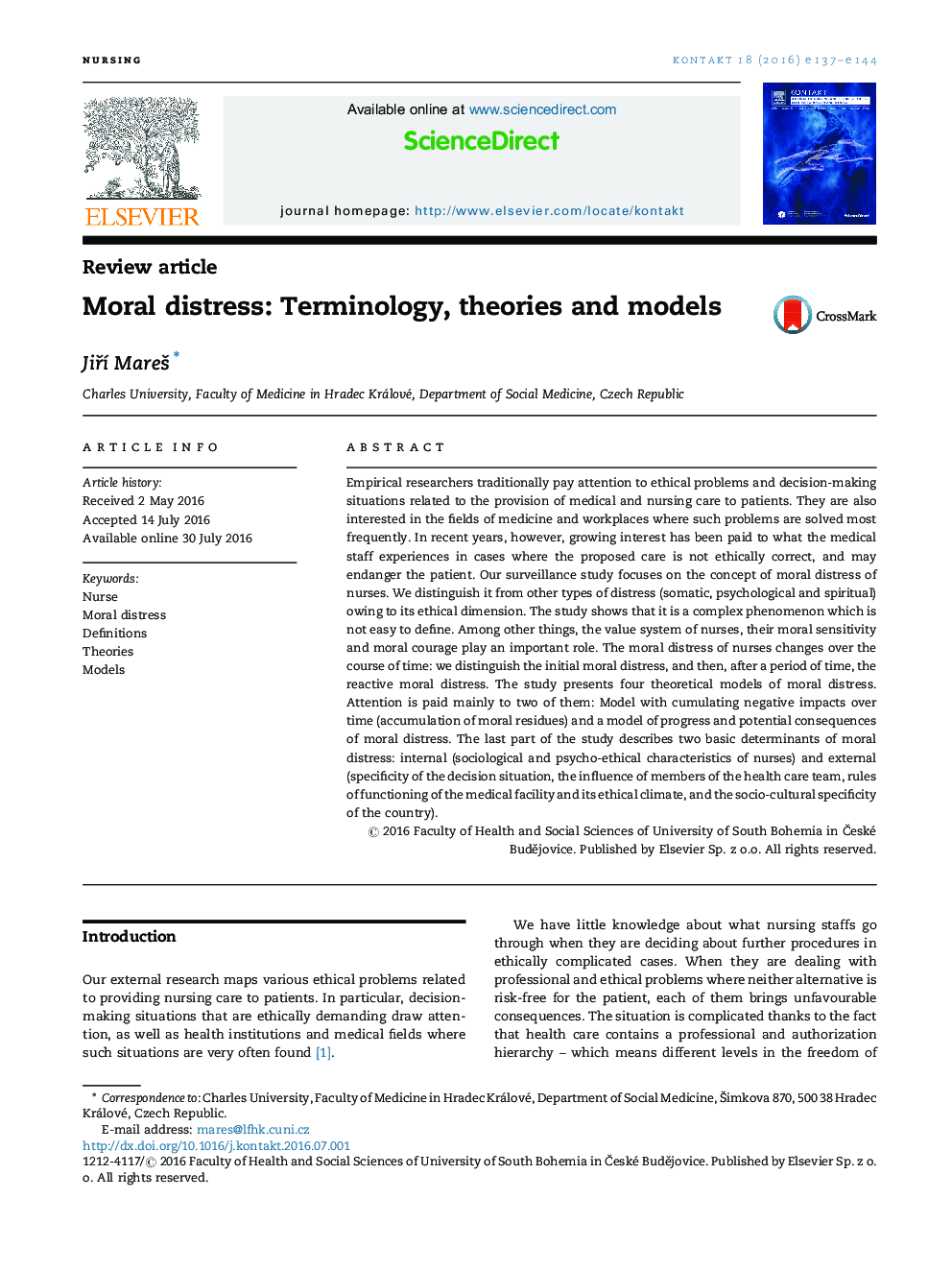 Moral distress: Terminology, theories and models