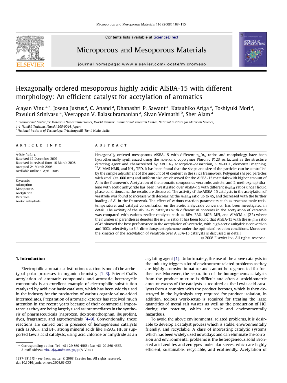 Hexagonally ordered mesoporous highly acidic AlSBA-15 with different morphology: An efficient catalyst for acetylation of aromatics