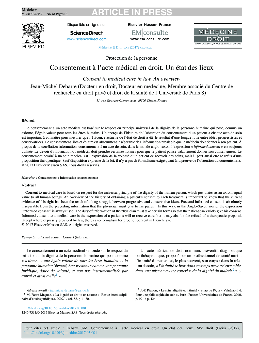 عکس صفحه اول مقاله: Consentement à l'acte médical en droit. Un état des lieux Consentement à l'acte médical en droit. Un état des lieux