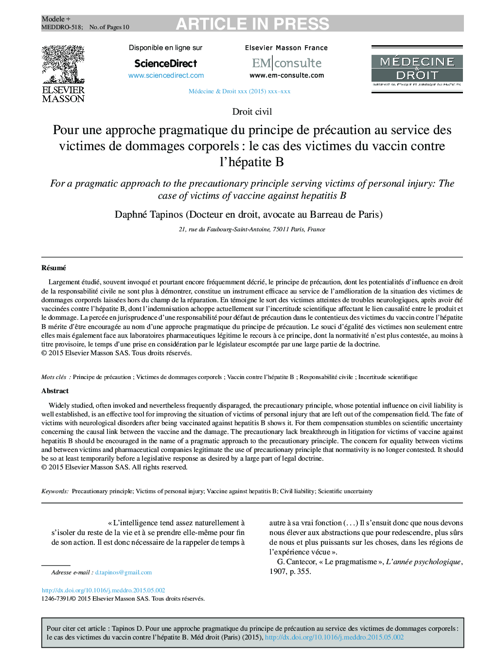 Pour une approche pragmatique du principe de précaution au service des victimes de dommages corporelsÂ : le cas des victimes du vaccin contre l'hépatite B