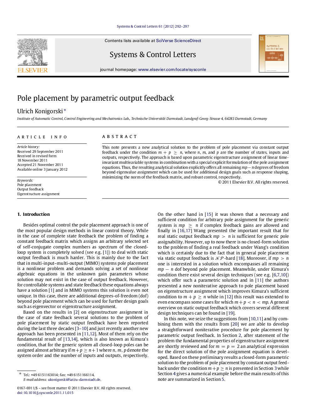 Pole placement by parametric output feedback