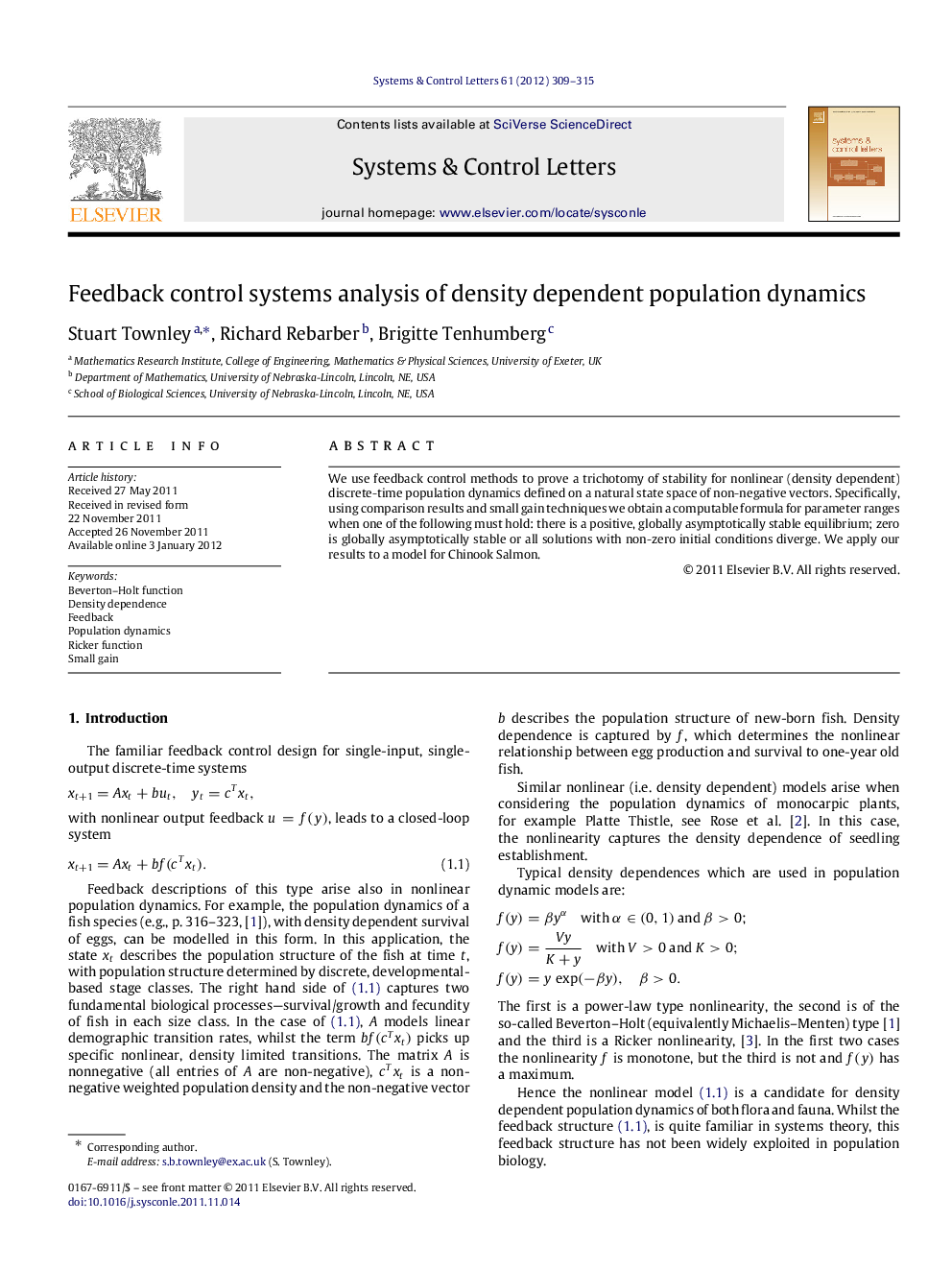 Feedback control systems analysis of density dependent population dynamics