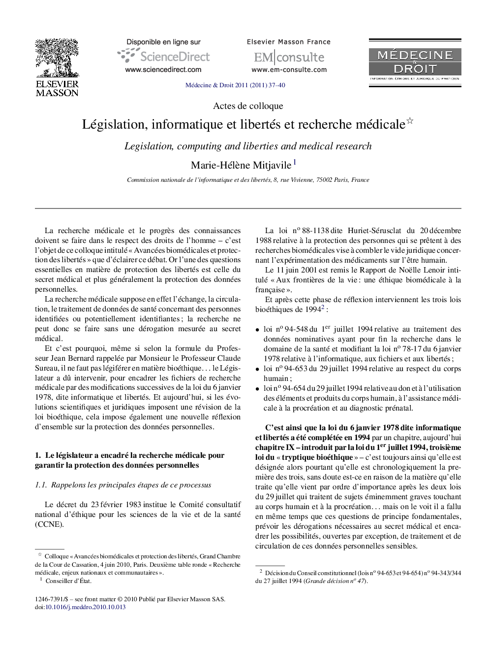 Législation, informatique et libertés et recherche médicale