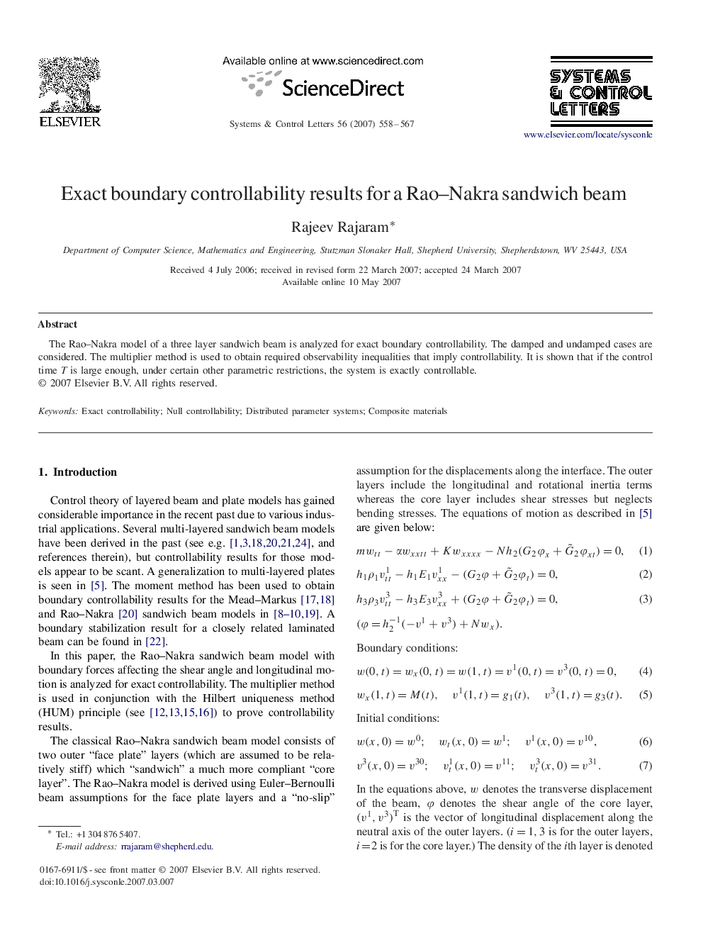 عکس صفحه اول مقاله: Exact boundary controllability results for a Rao–Nakra sandwich beam Exact boundary controllability results for a Rao–Nakra sandwich beam