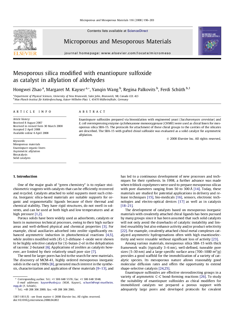 Mesoporous silica modified with enantiopure sulfoxide as catalyst in allylation of aldehydes