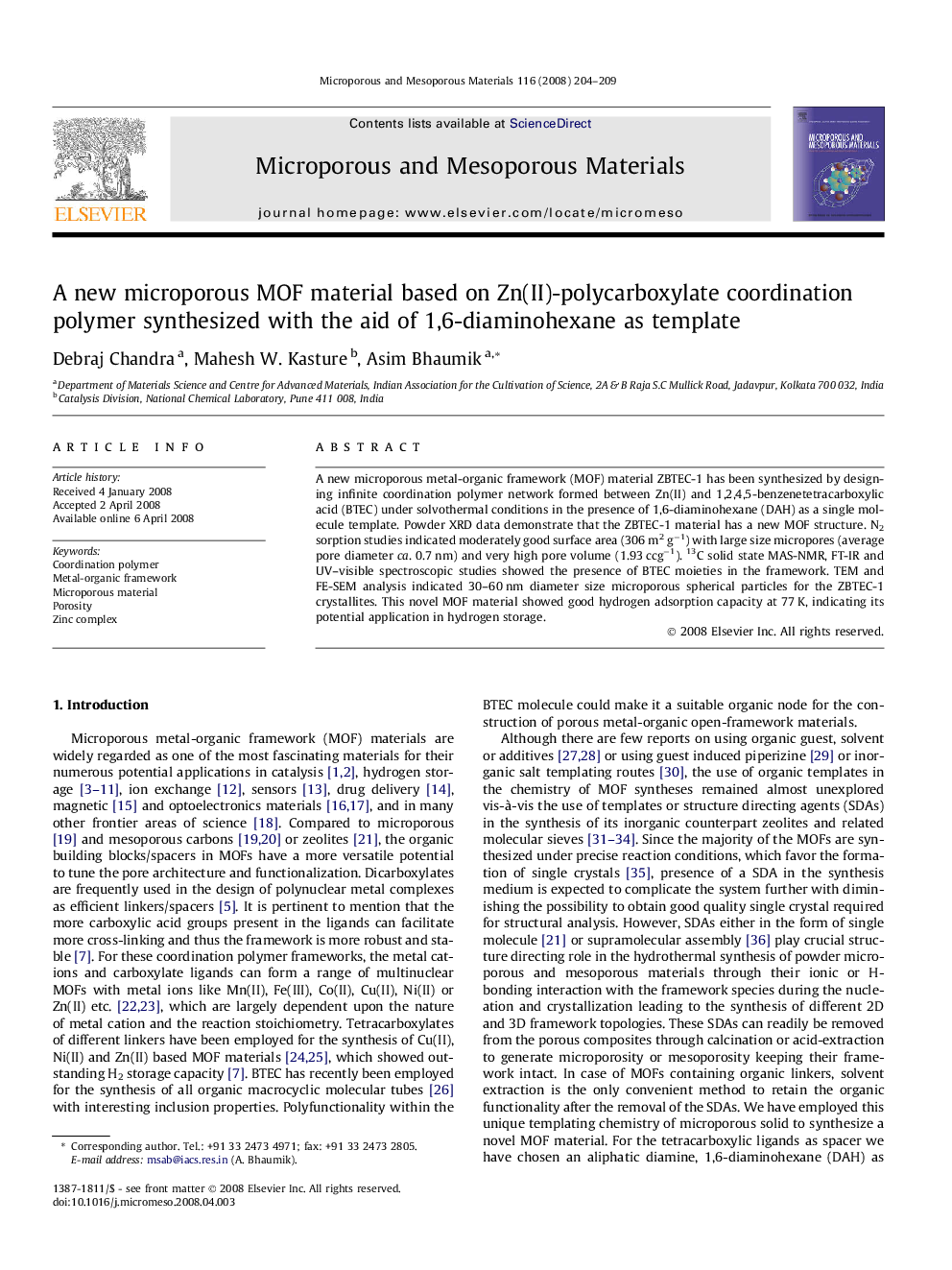 A new microporous MOF material based on Zn(II)-polycarboxylate coordination polymer synthesized with the aid of 1,6-diaminohexane as template