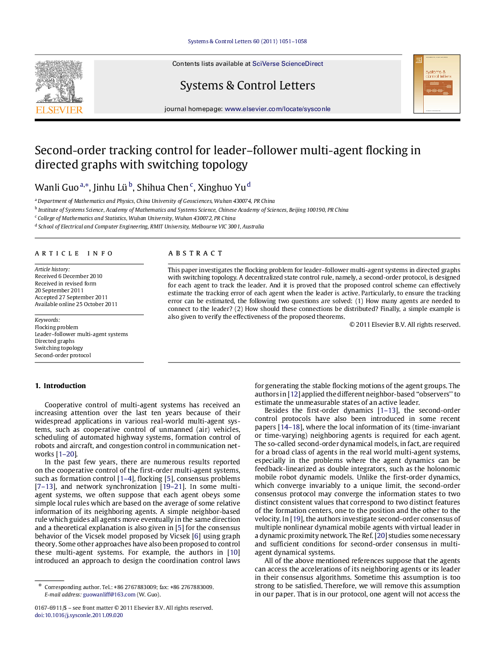 Second-order tracking control for leader–follower multi-agent flocking in directed graphs with switching topology