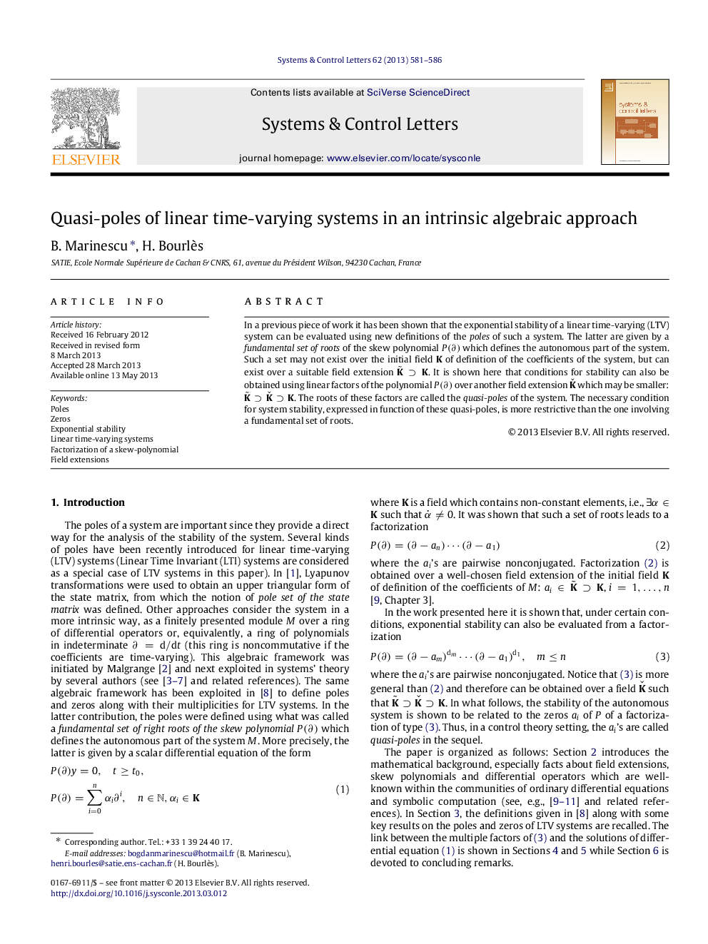 Quasi-poles of linear time-varying systems in an intrinsic algebraic approach