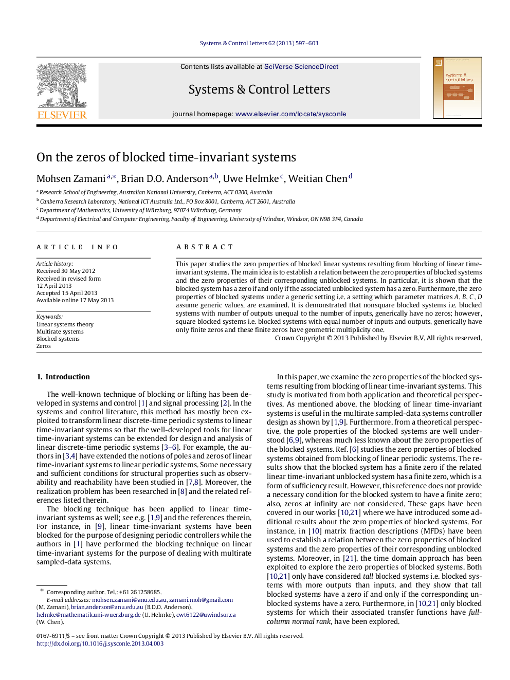 On the zeros of blocked time-invariant systems