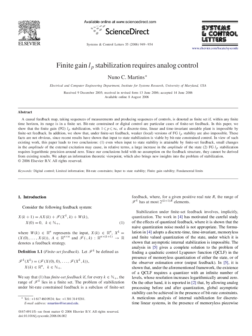 Finite gain lplp stabilization requires analog control