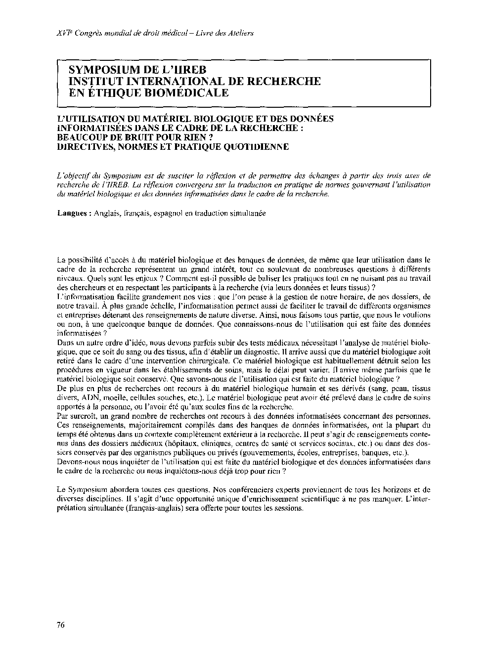 عکس صفحه اول مقاله: Symposium de L'IIREB Institut International de Recherche En éthique Biomédicale Symposium de L'IIREB Institut International de Recherche En éthique Biomédicale