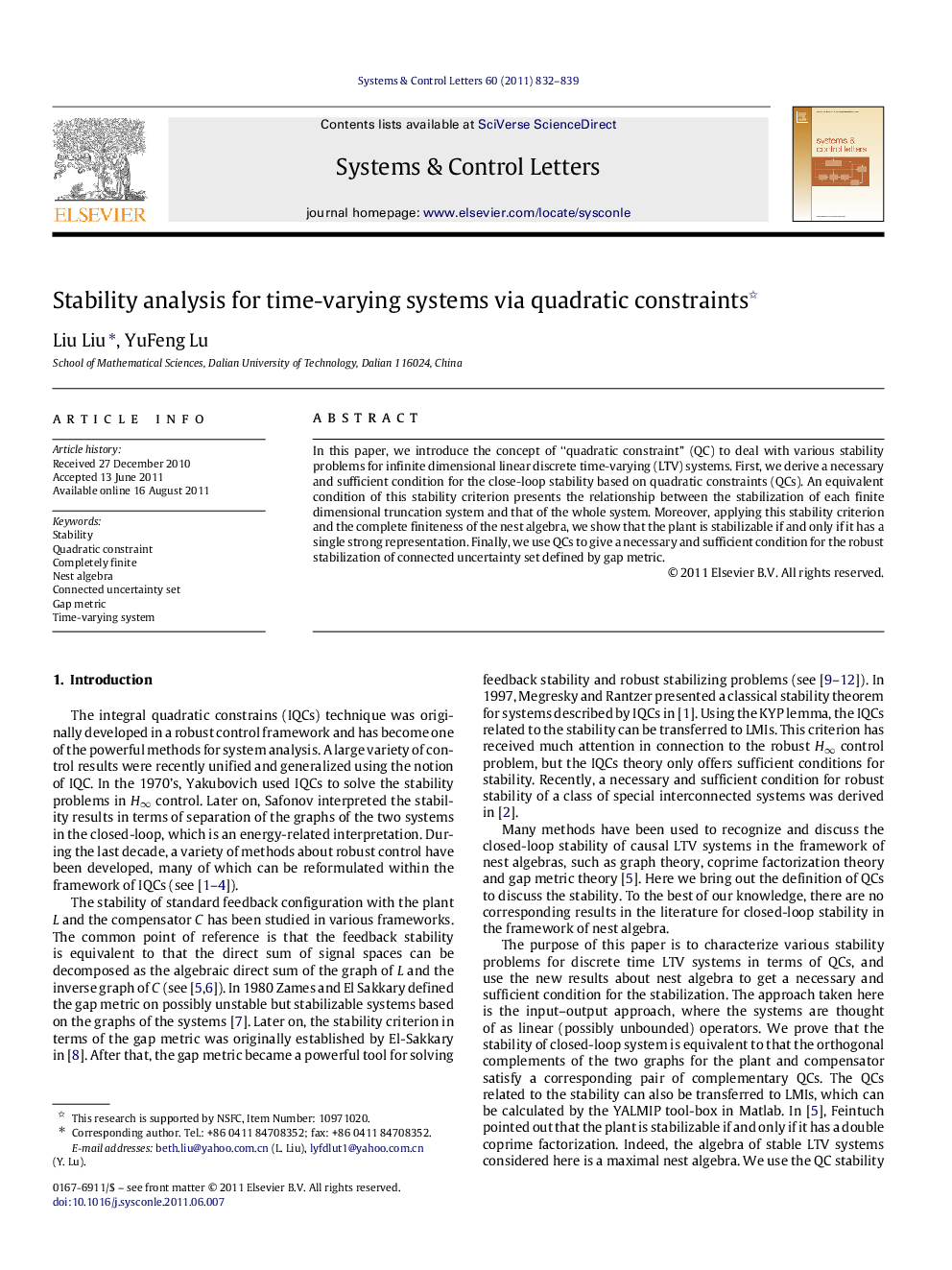 Stability analysis for time-varying systems via quadratic constraints 