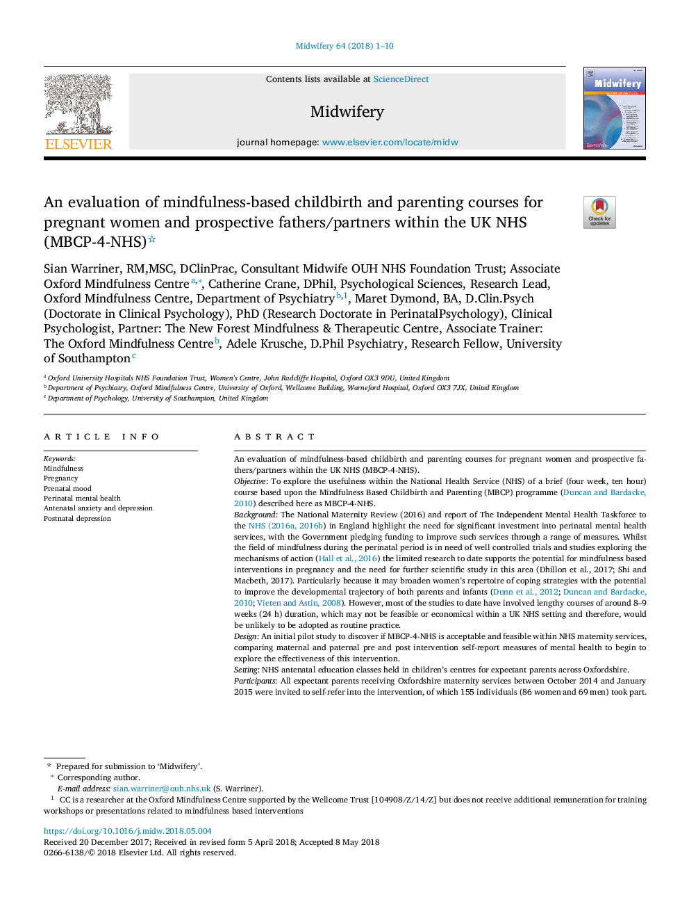 An evaluation of mindfulness-based childbirth and parenting courses for pregnant women and prospective fathers/partners within the UK NHS (MBCP-4-NHS)