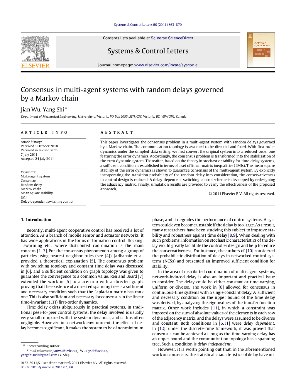 Consensus in multi-agent systems with random delays governed by a Markov chain