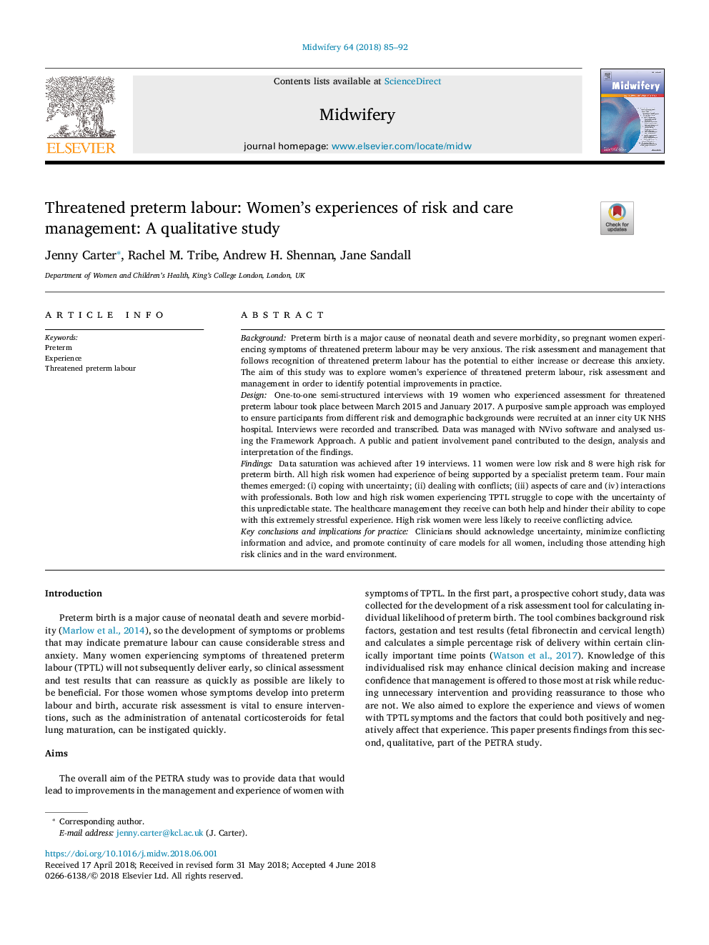 زایمان زودرس در معرض خطر: تجربیات زنان در زمینه مدیریت ریسک و مراقبت: یک مطالعه کیفی 