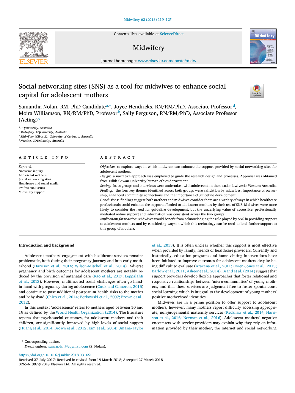 Social networking sites (SNS) as a tool for midwives to enhance social capital for adolescent mothers