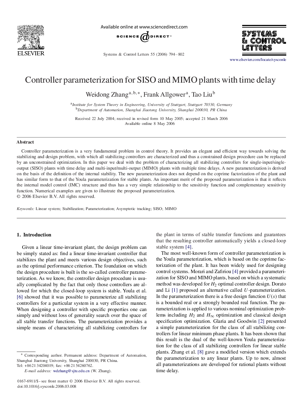 Controller parameterization for SISO and MIMO plants with time delay