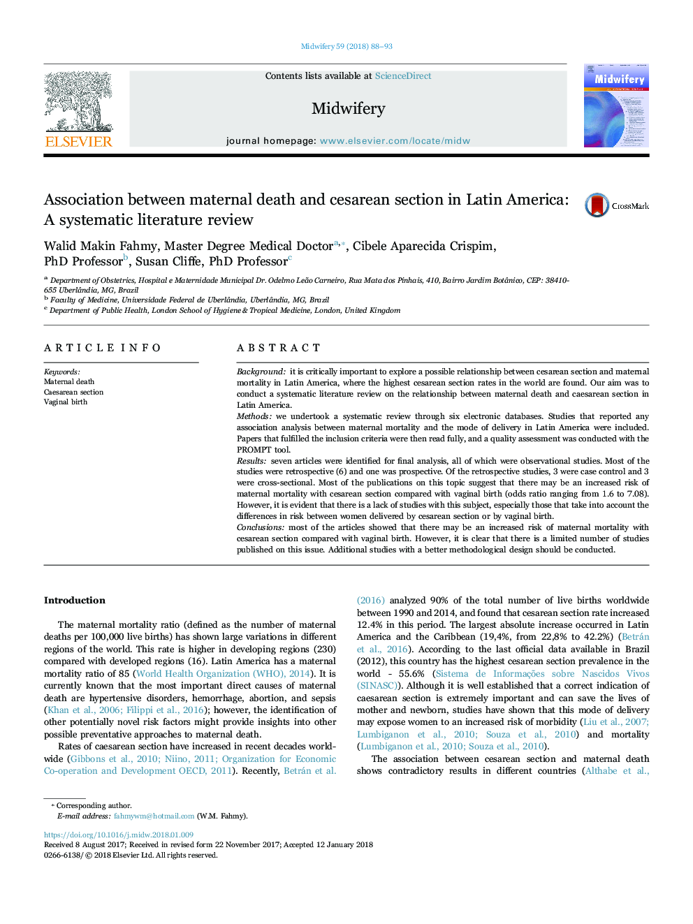 Association between maternal death and cesarean section in Latin America: A systematic literature review