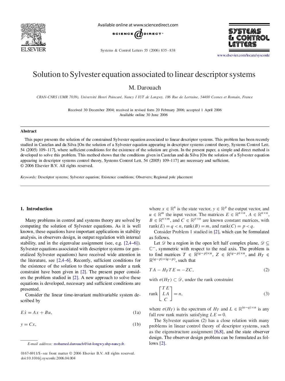 Solution to Sylvester equation associated to linear descriptor systems