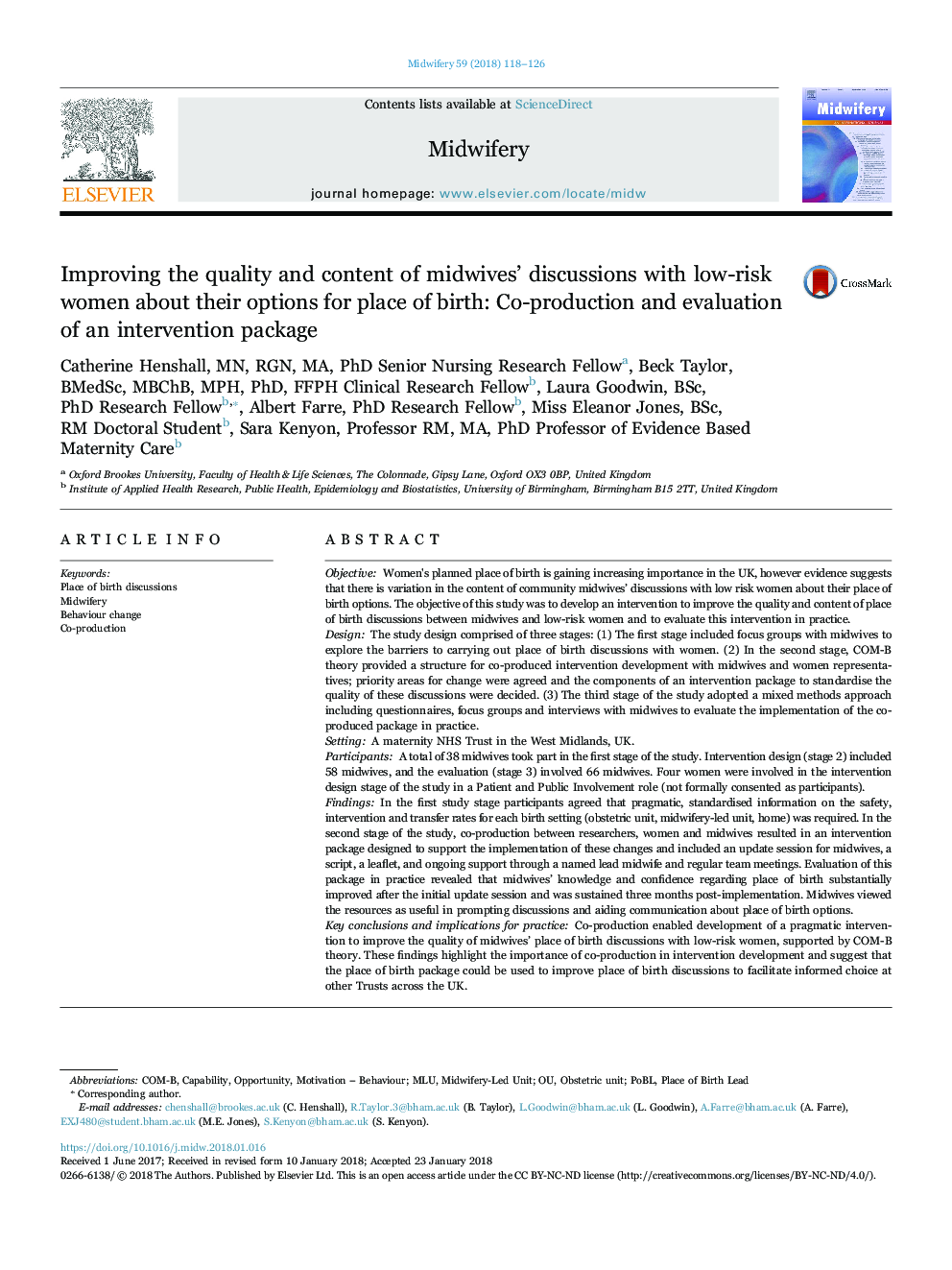 Improving the quality and content of midwives' discussions with low-risk women about their options for place of birth: Co-production and evaluation of an intervention package