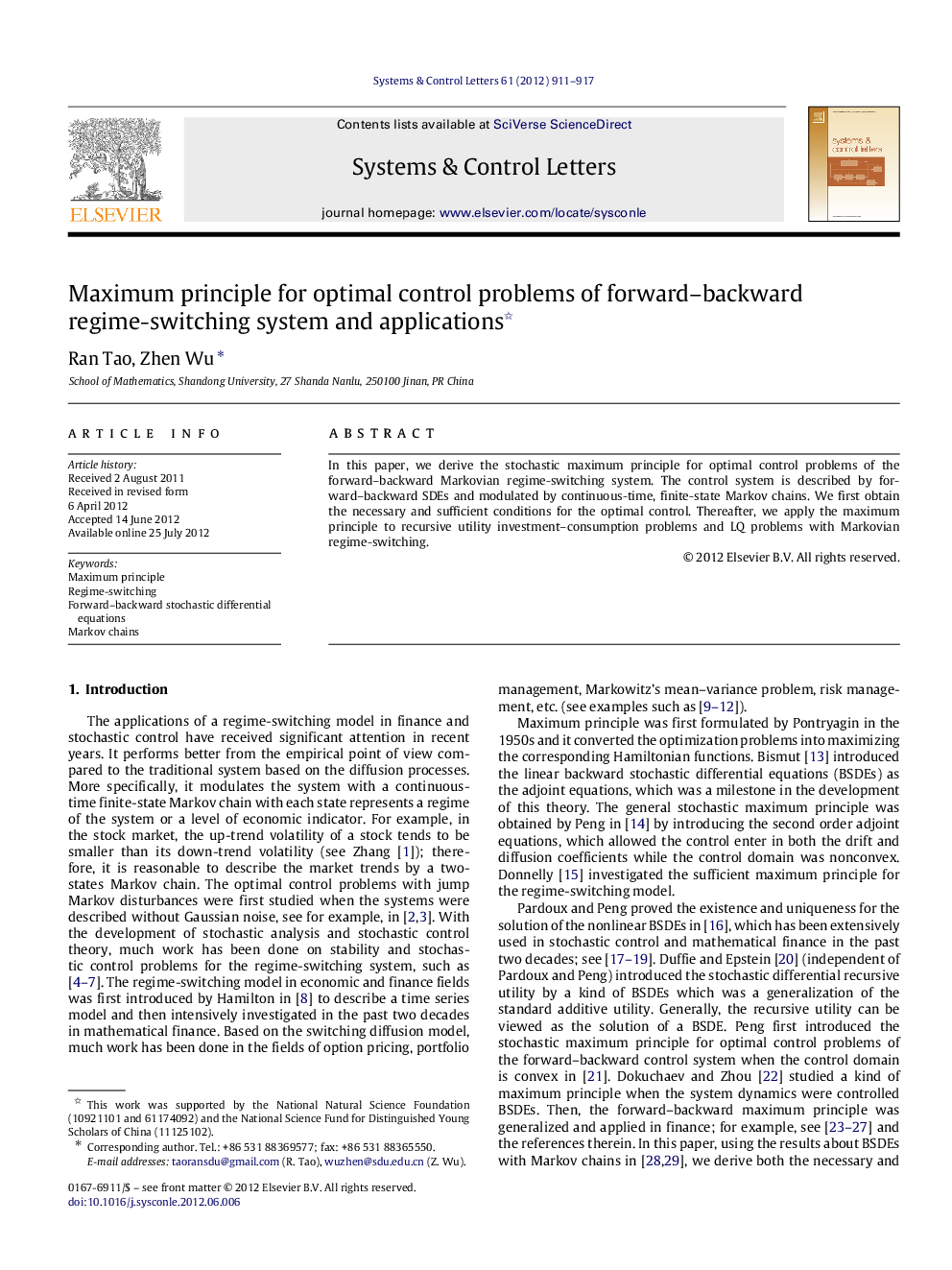 Maximum principle for optimal control problems of forward–backward regime-switching system and applications 