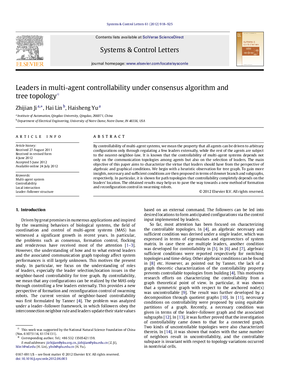 Leaders in multi-agent controllability under consensus algorithm and tree topology 