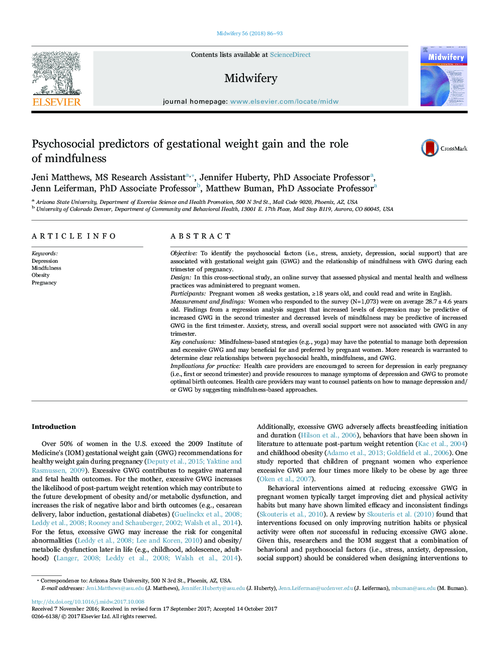 Psychosocial predictors of gestational weight gain and the role of mindfulness