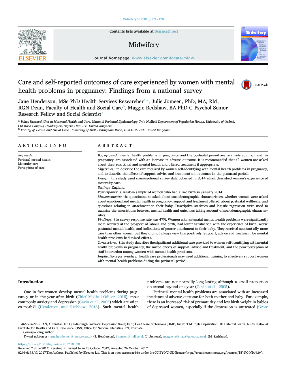 Care and self-reported outcomes of care experienced by women with mental health problems in pregnancy: Findings from a national survey