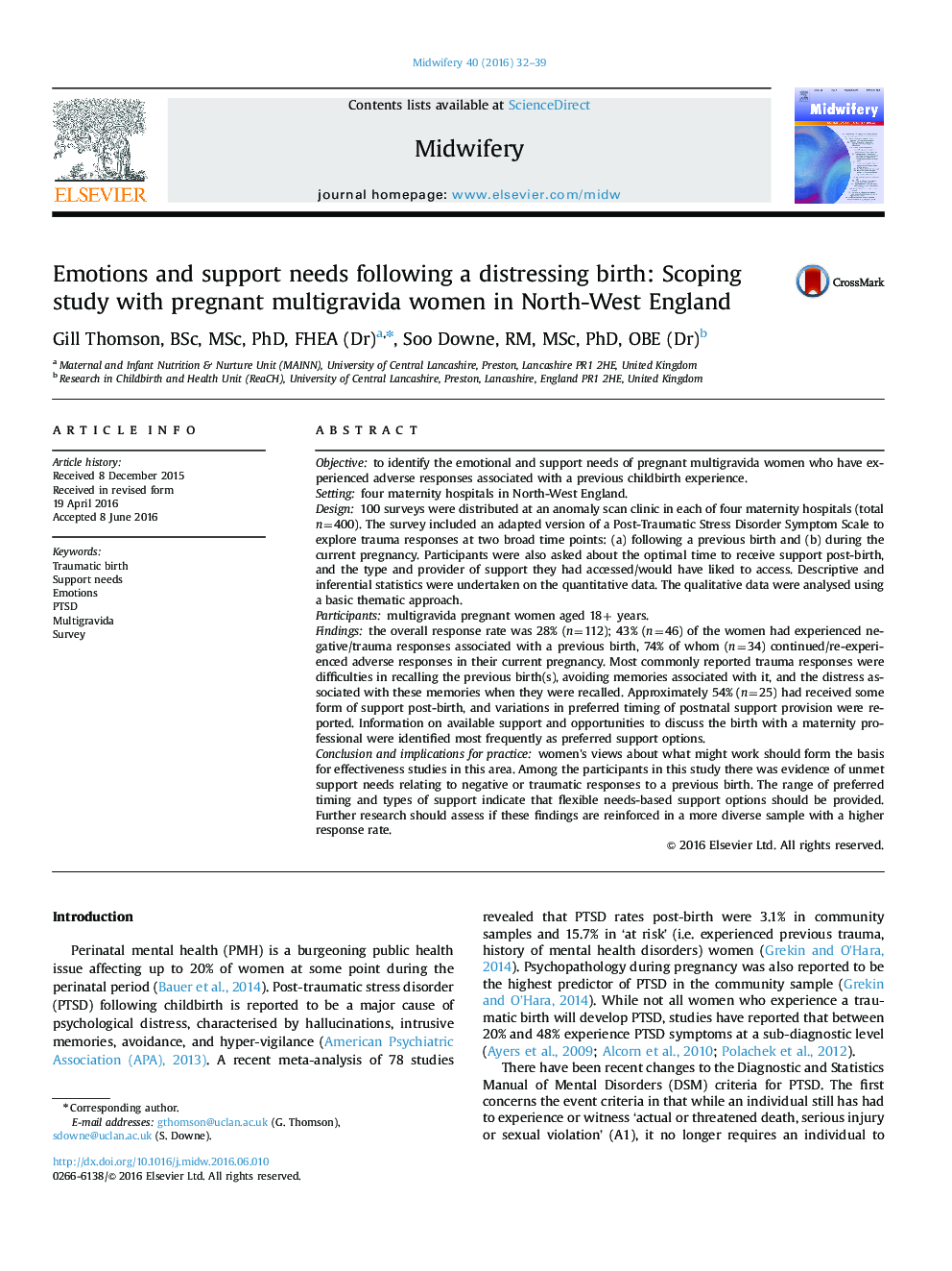 Emotions and support needs following a distressing birth: Scoping study with pregnant multigravida women in North-West England