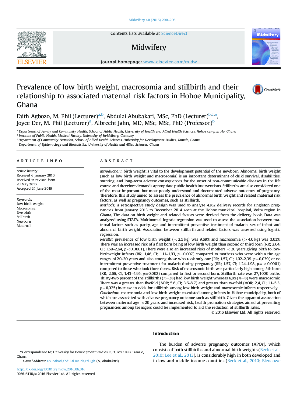 Prevalence of low birth weight, macrosomia and stillbirth and their relationship to associated maternal risk factors in Hohoe Municipality, Ghana