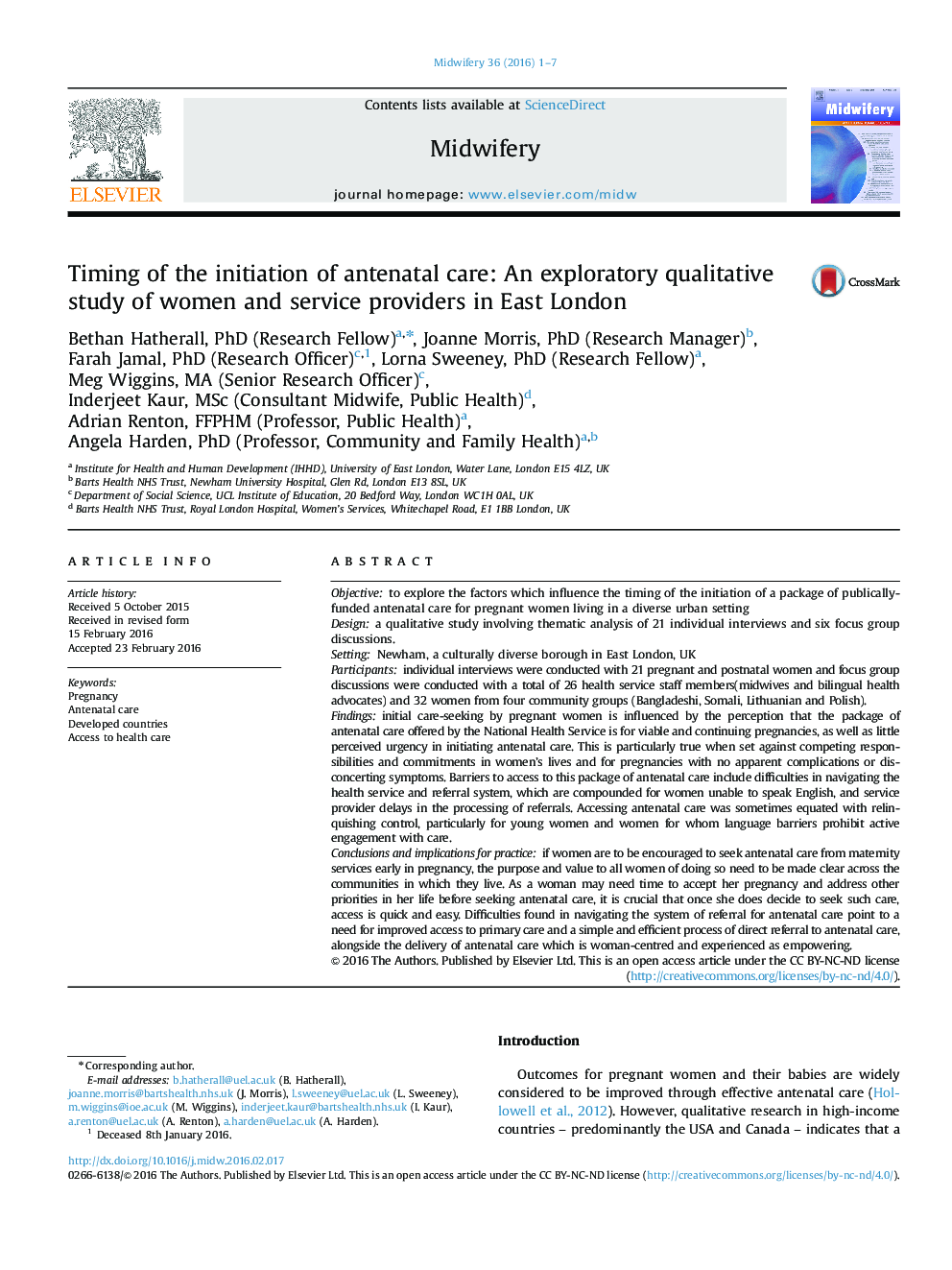 Timing of the initiation of antenatal care: An exploratory qualitative study of women and service providers in East London