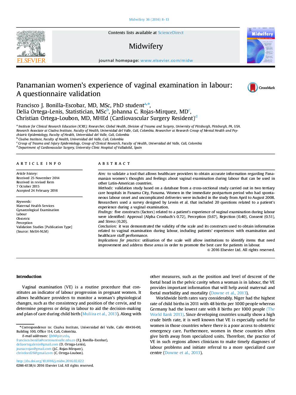 Panamanian women×³s experience of vaginal examination in labour: A questionnaire validation