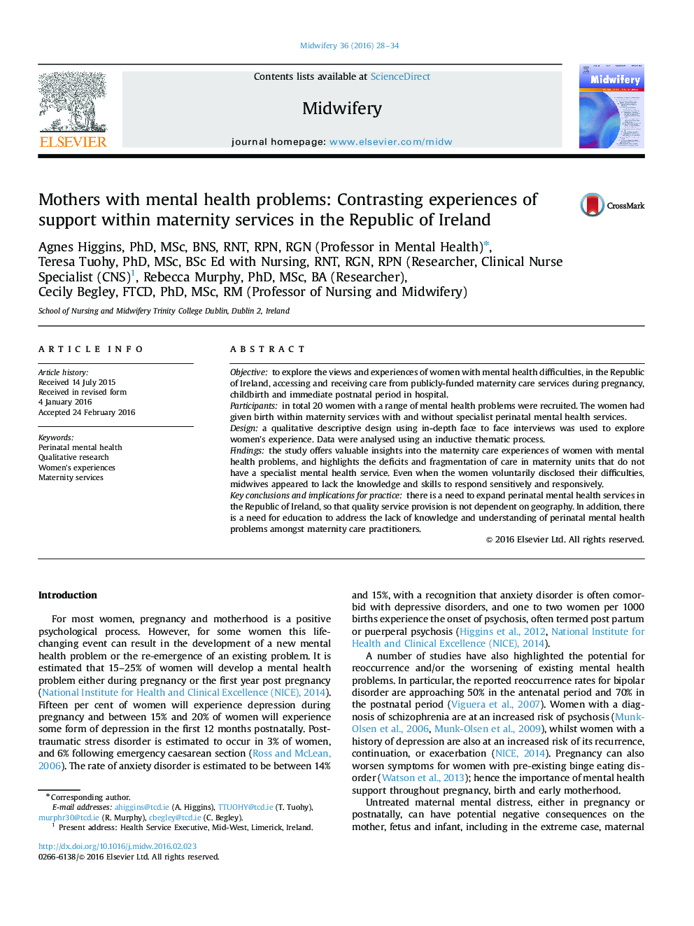 Mothers with mental health problems: Contrasting experiences of support within maternity services in the Republic of Ireland