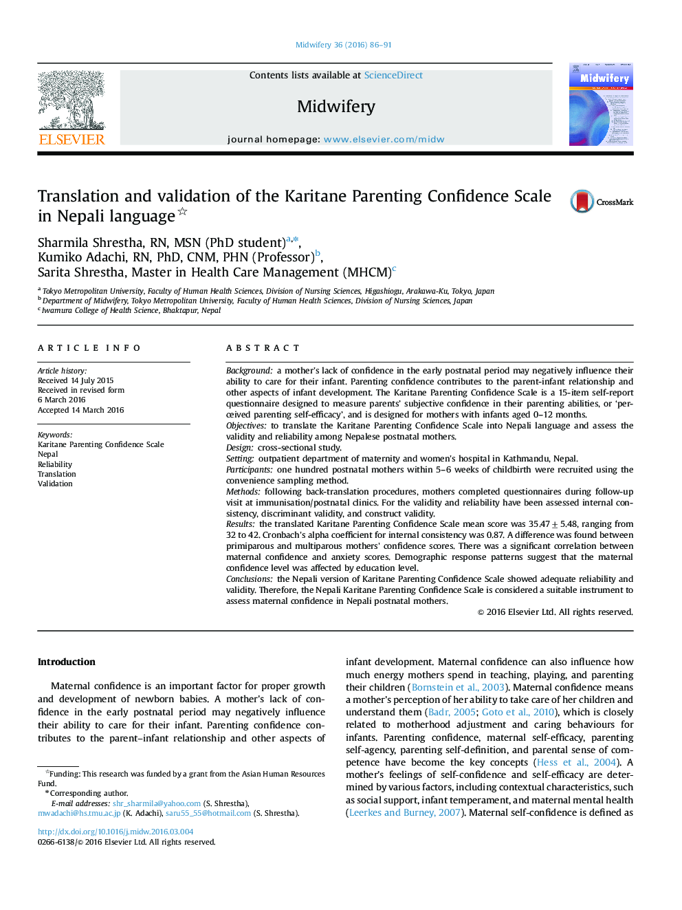 Translation and validation of the Karitane Parenting Confidence Scale in Nepali language